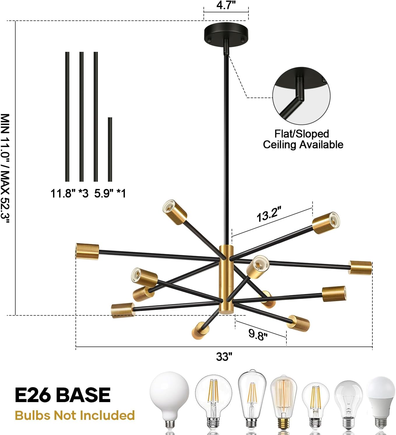 12-Light Modern Sputnik Chandelier in Brushed Gold & Matte Black