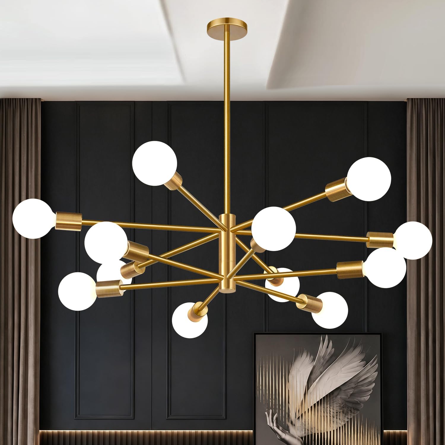 12-Light Modern Sputnik Chandelier in Brushed Gold & Matte Black