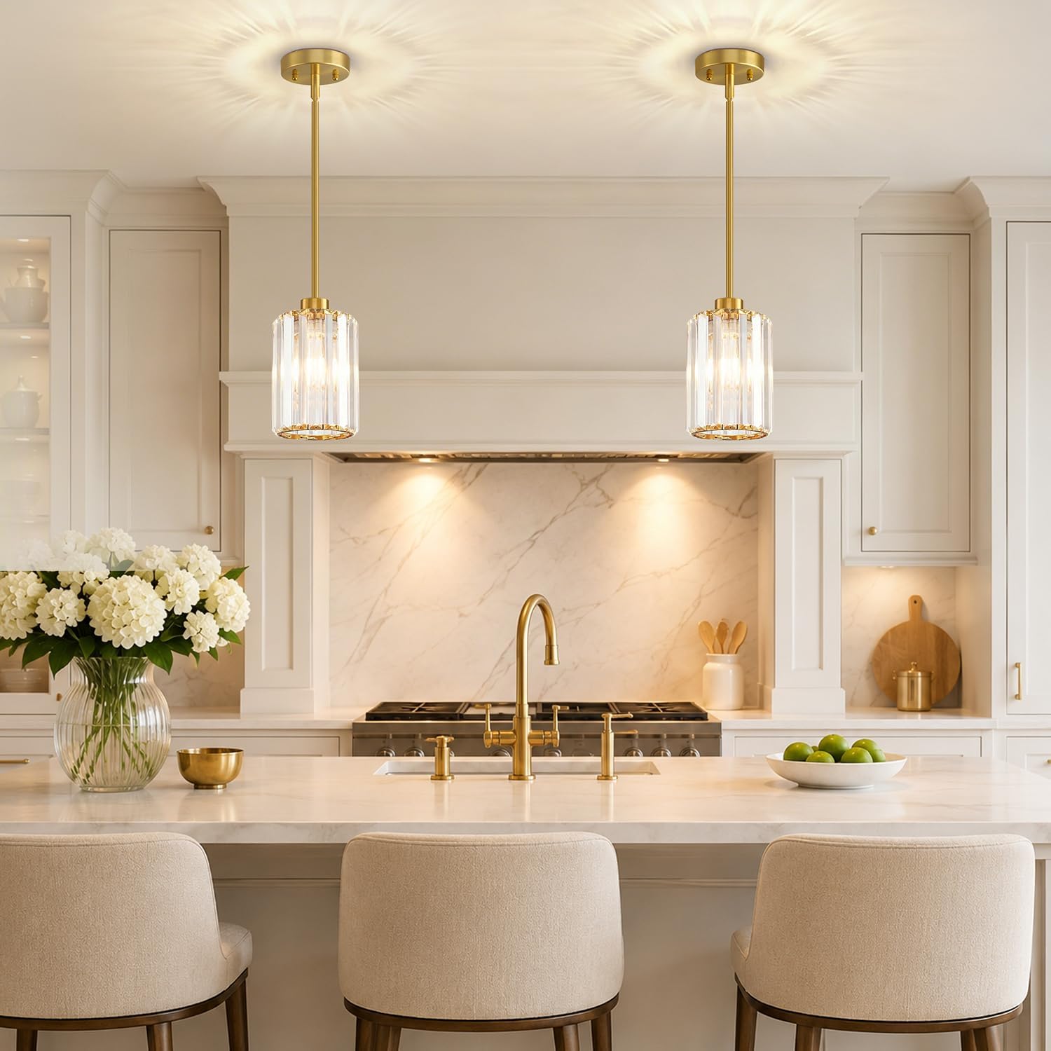 Modern Brushed Gold Crystal Pendant Lights – Set of 3