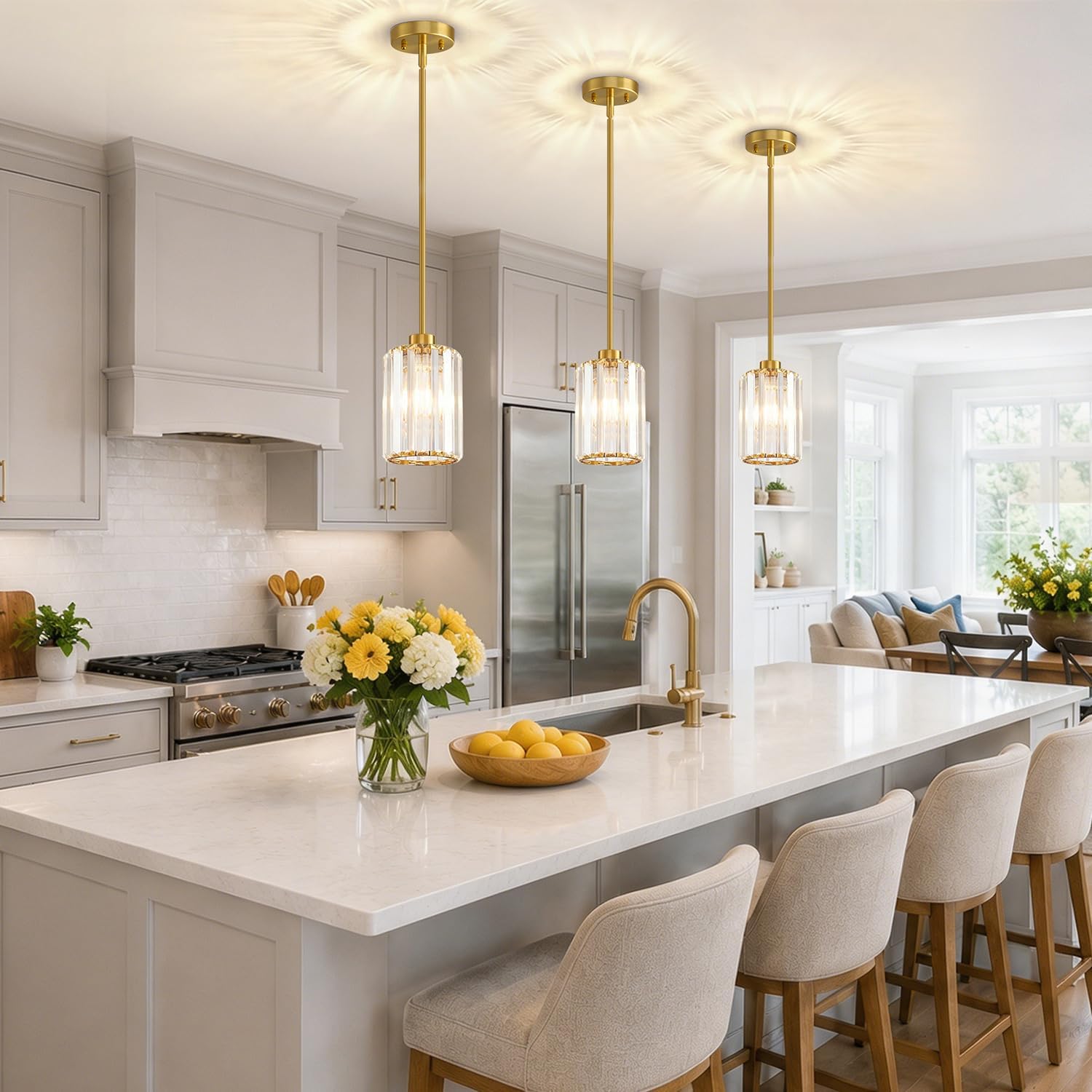 Modern Brushed Gold Crystal Pendant Lights – Set of 3