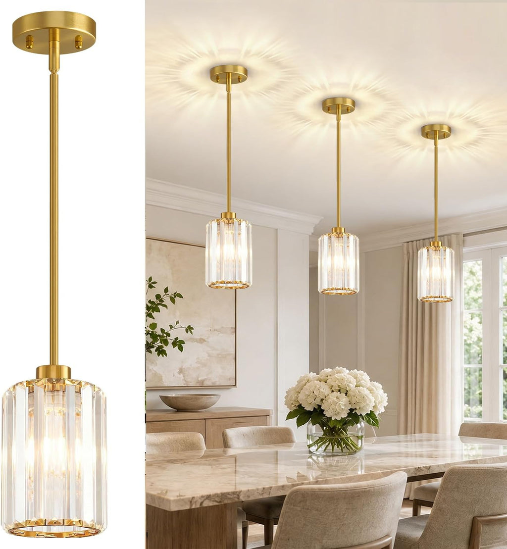 Modern Brushed Gold Crystal Pendant Lights – Set of 3