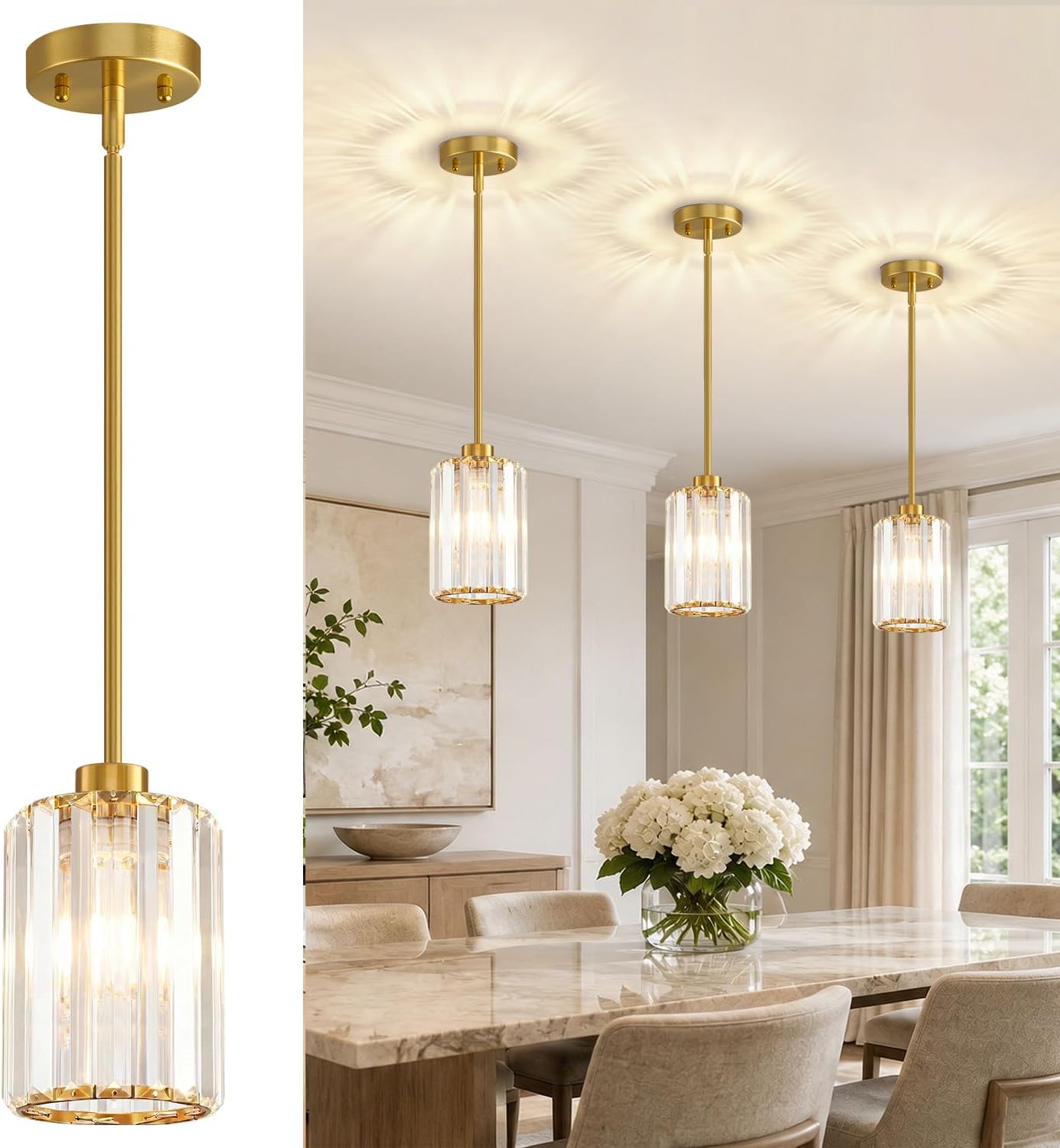 Modern Brushed Gold Crystal Pendant Lights – Set of 3