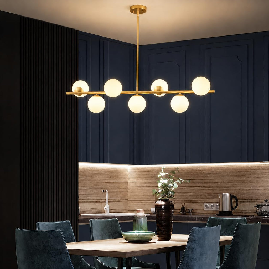 7-Light Mid-Century Gold Sputnik Chandelier with Milky White Glass Globes