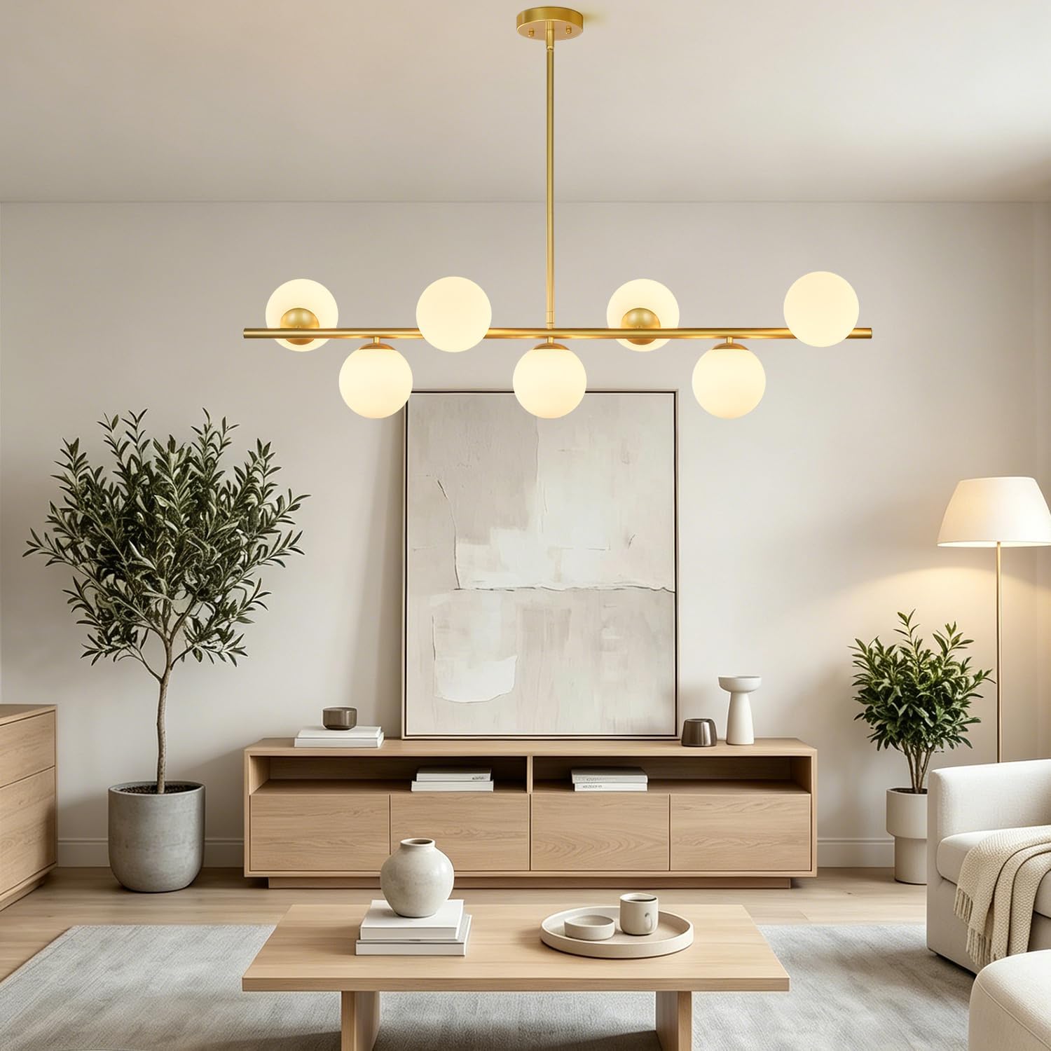 7-Light Mid-Century Gold Sputnik Chandelier with Milk White Glass Globes