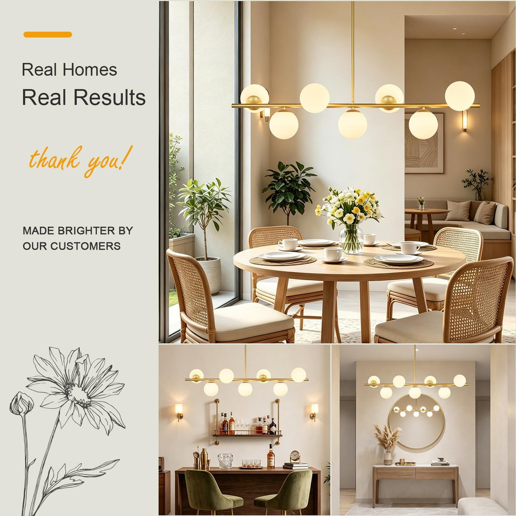 7-Light Mid-Century Gold Sputnik Chandelier with Milky White Glass Globes