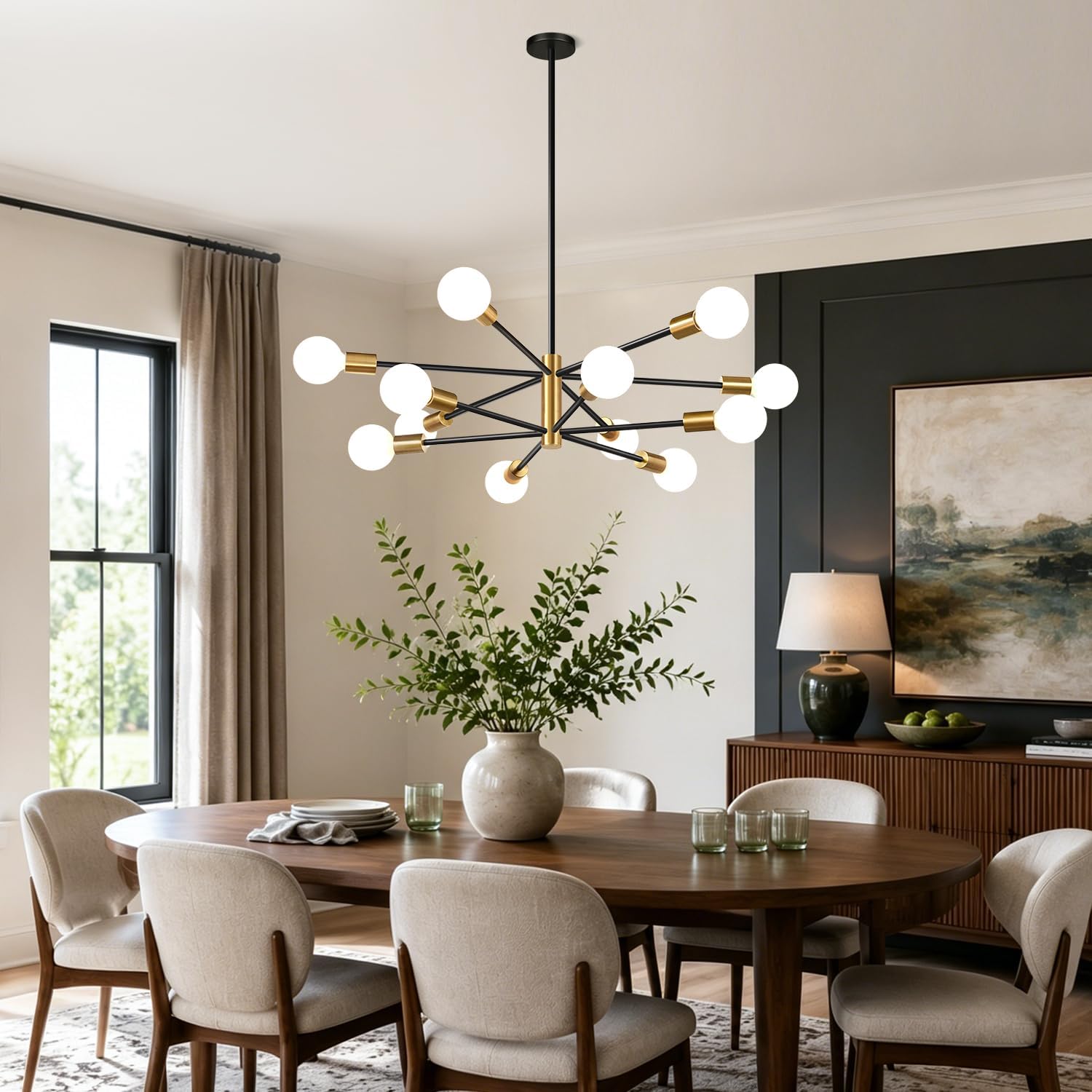 12-Light Modern Sputnik Chandelier in Brushed Gold & Matte Black