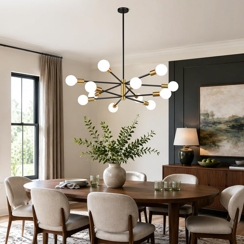 12-Light Modern Sputnik Chandelier in Brushed Gold & Matte Black