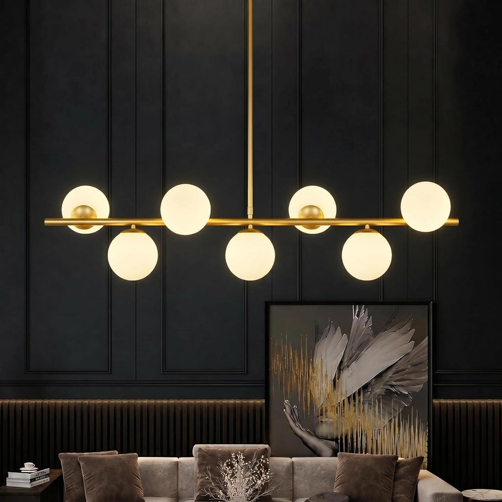 7-Light Mid-Century Gold Sputnik Chandelier with Milky White Glass Globes