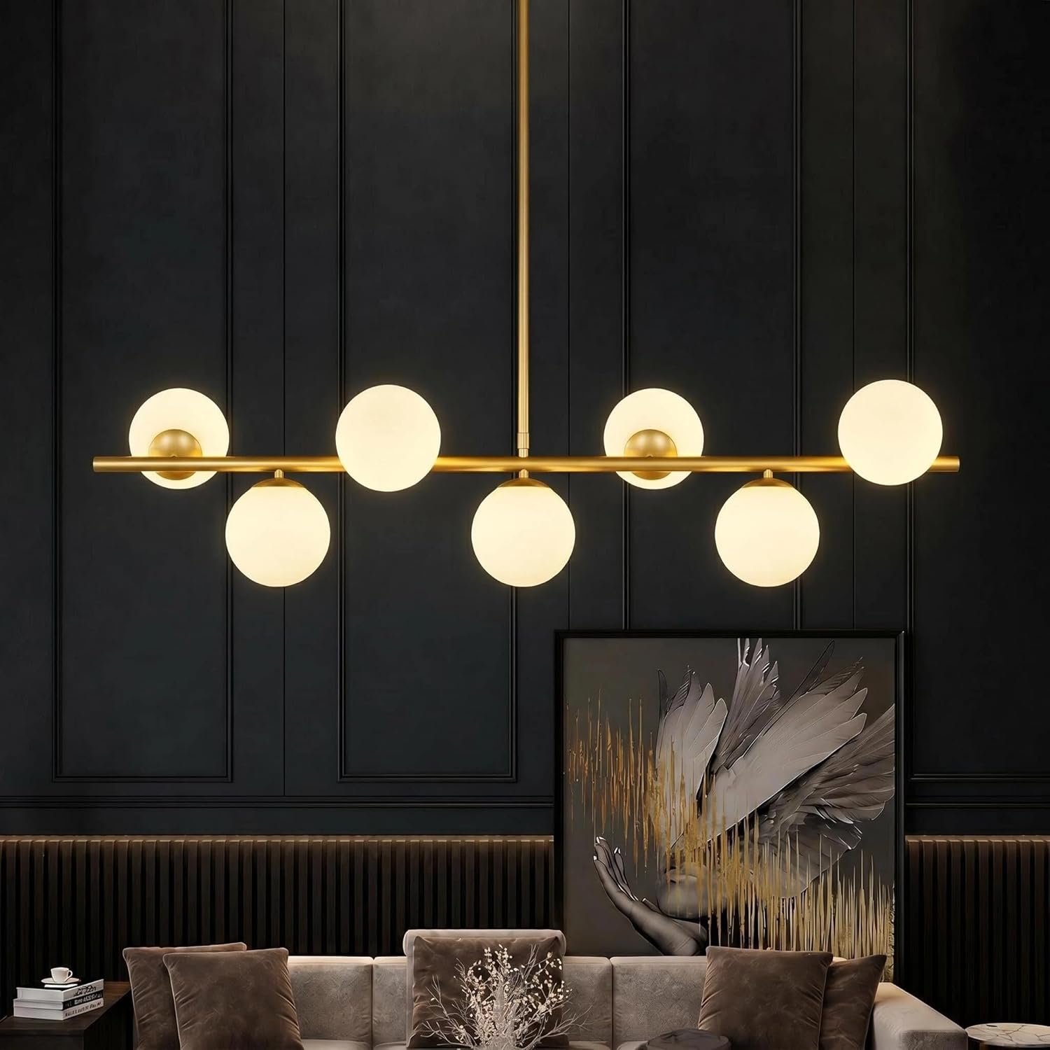 7-Light Mid-Century Gold Sputnik Chandelier with Milk White Glass Globes