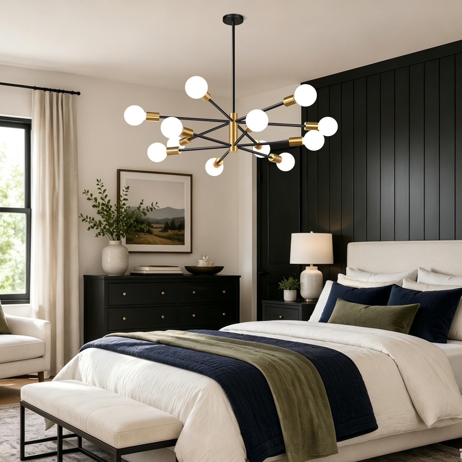 12-Light Modern Sputnik Chandelier in Brushed Gold & Matte Black