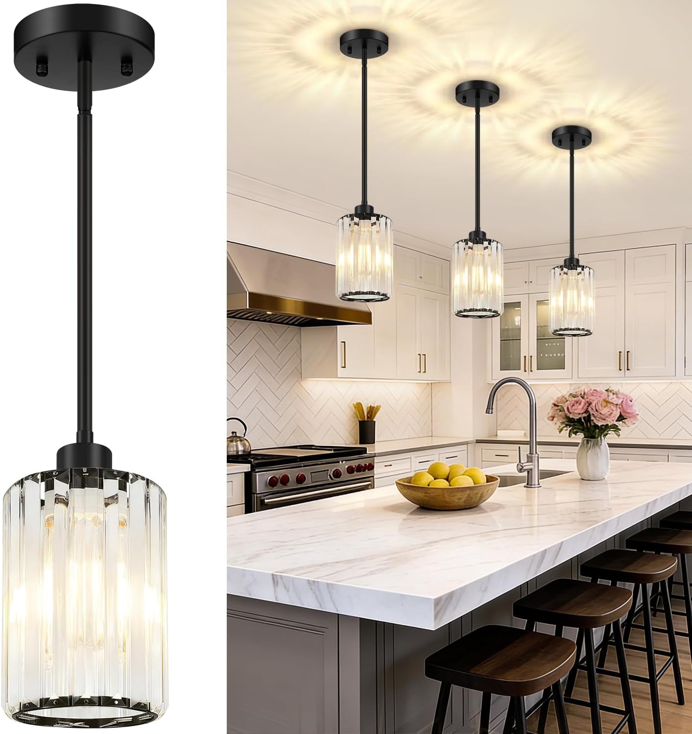Modern Brushed Gold Crystal Pendant Lights – Set of 3