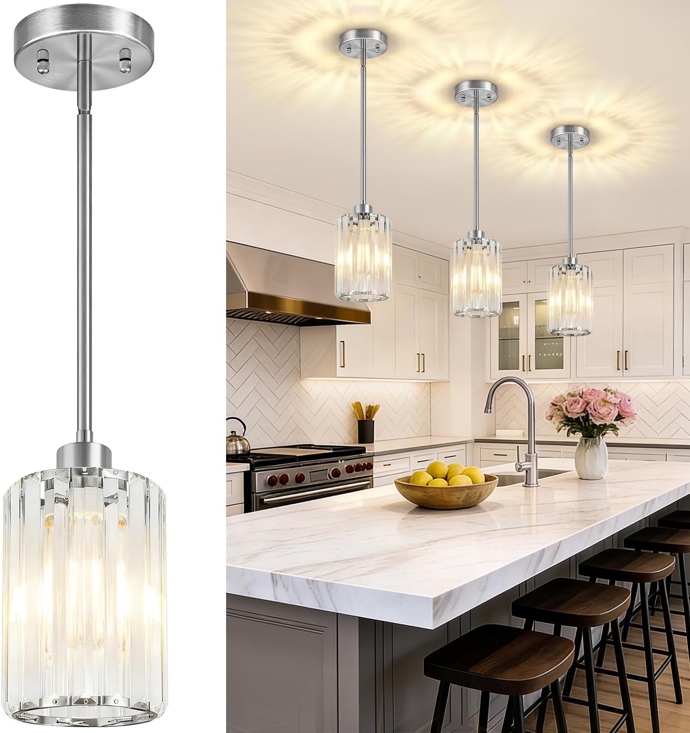 Modern Brushed Gold Crystal Pendant Lights – Set of 3